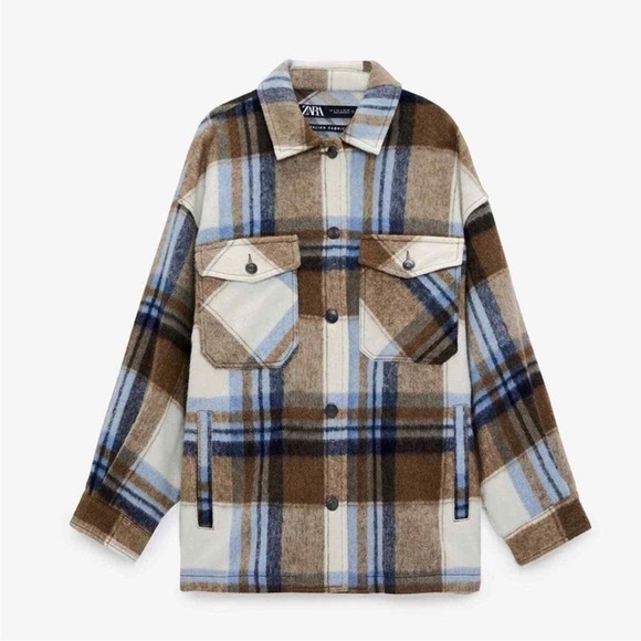 ZARA Wool Plaid Button Front Overshirt Jacket Cream Blue Brown S - Picture 2 of 6